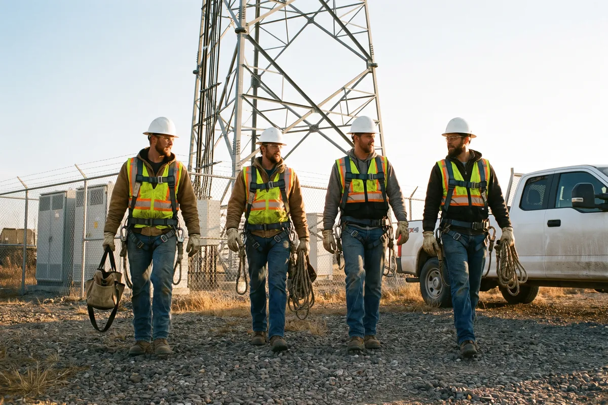 Kelvan Group crew in hard hats and hi-vis vests staging rigging and cable on a capstan hoist at a tower compound at sunset