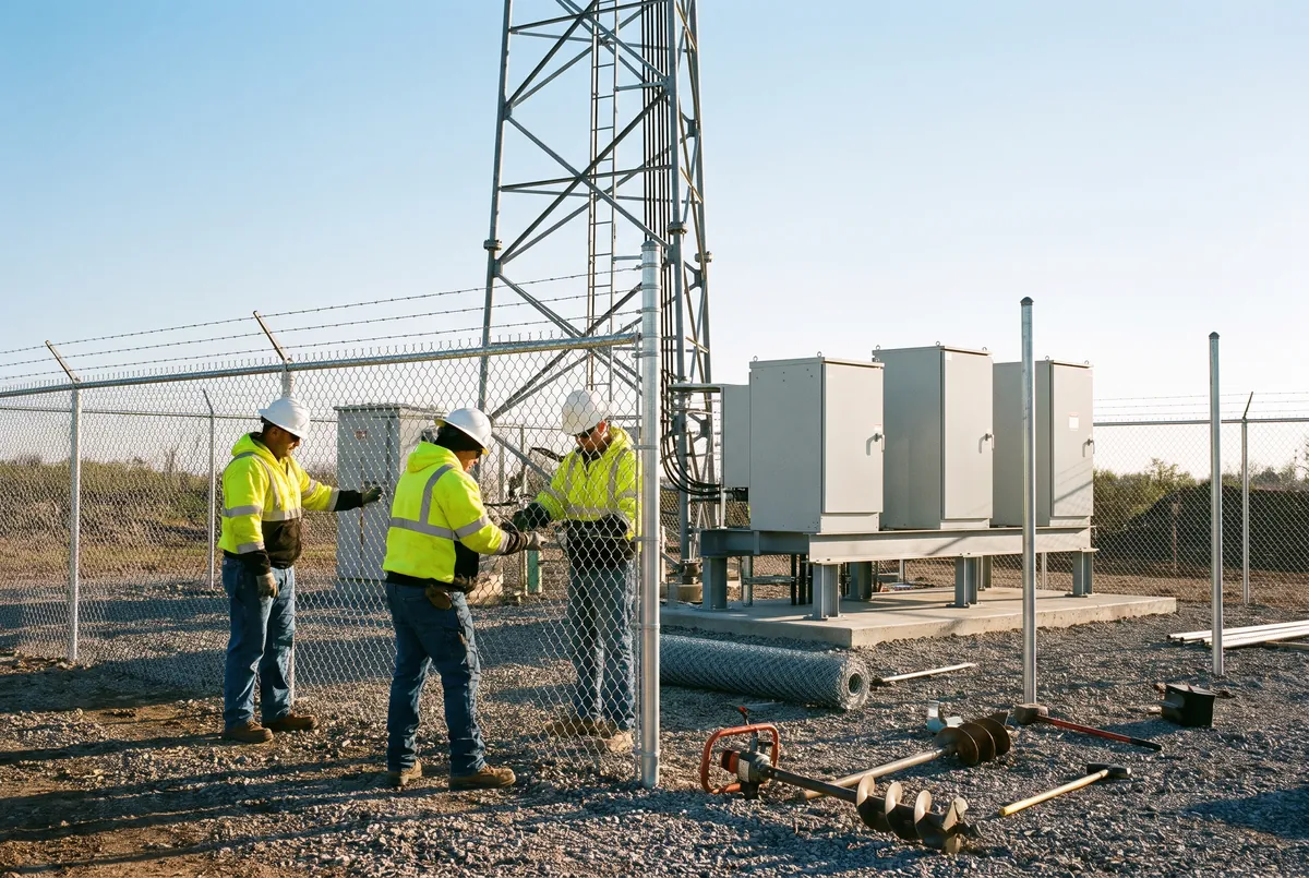 Ground crew working at a compound perimeter fence line near equipment cabinets and gravel ballast, tower in background