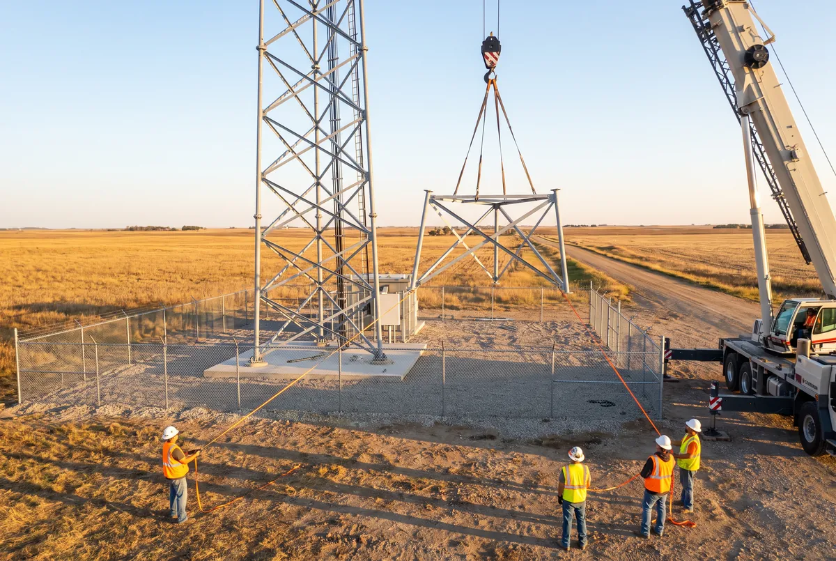 Mobile crane lifting a lattice tower section at a telecom construction site