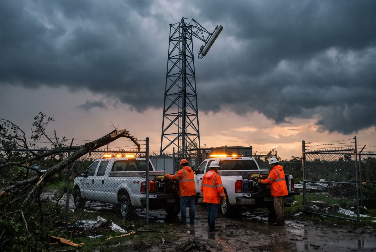 Storm-damaged lattice tower at dusk with crew trucks staged nearby