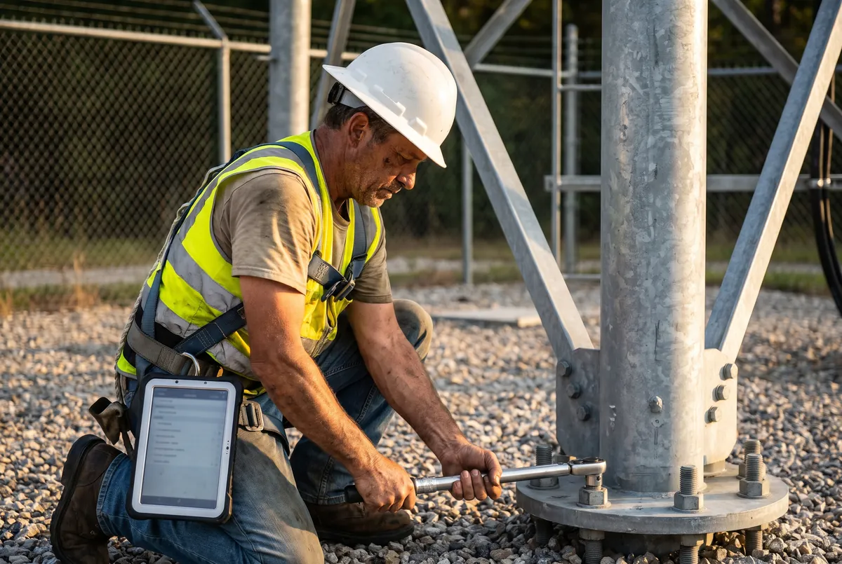 Technician on the ground at a tower base inspecting obstruction lighting with a tablet